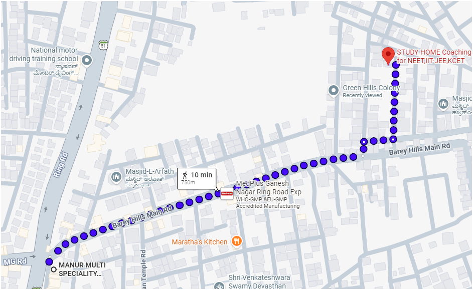 Route Map from Manur Hospital Ring Road to Study Home Coaching via Barey Hills Main Rd
